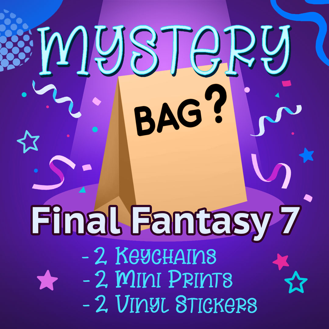 Final Fantasy 7 Mystery Bag (2 Keychains, 2 Mini Prints, 2 Vinyl Stickers)
